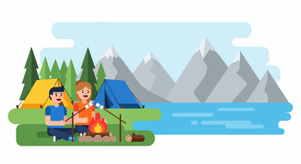 Fototapeta premium Couple camping by a lake with mountains and pine trees.