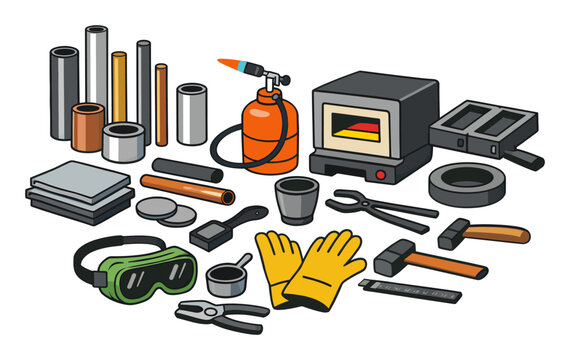 Array of metalworking equipment neatly organized, featuring a furnace, blowtorch, crucibles, molds, and safety gear
