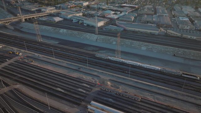 Railway Train Yard Los Angeles River and Indusrial Complex Drone Aerial Footage