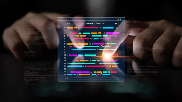 A futuristic AI coding assistant displays vibrant code lines on a digital screen while a user interacts in a modern tech workspace, showcasing innovation and productivity. Cyphers