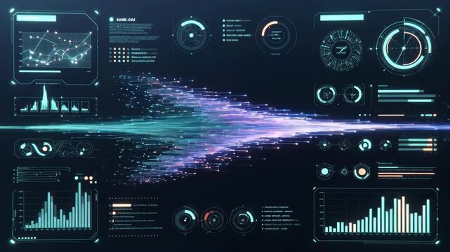 Futuristic interface with glowing data streams on dark background showing digital analysis concept and advanced metrics