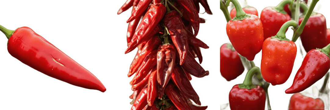 Set of Red Chili Peppers, Including Single Chili, Hanging Dried Ristra Bundle, and Fresh Peppers on Vine, Spicy Organic Vegetable Collection Isolated on White Background, PNG Cutout Set