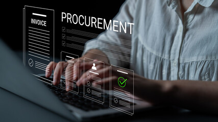 Naklejka premium A professional working on a laptop, engaged in modern procurement processes with digital invoices and workflow management, showcasing technology in a corporate environment. Cyphers