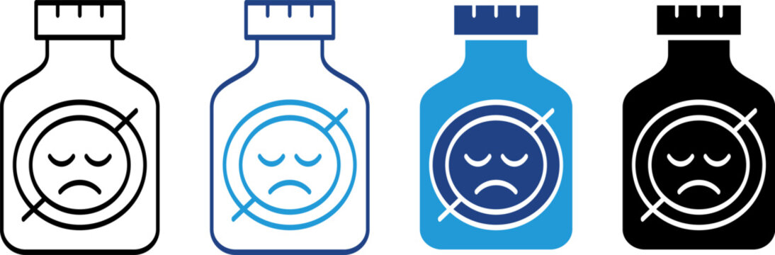 A medicine bottle with a crossed out sad face symbol, representing a temporary solution to depression or anxiety disorders.