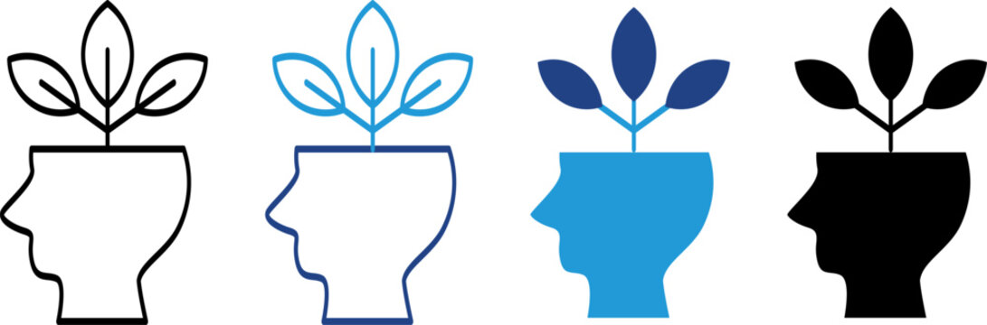 A human head with plants or leaves growing on it, symbolizes the concept of growth mindset, self-development, and mental health recovery.