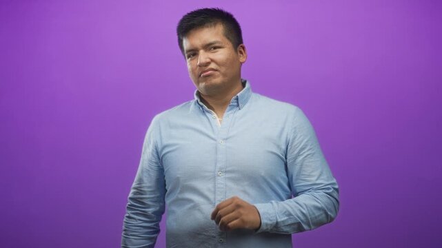 Man in blue button shirt with hands raised palms out in a stop gesture against a purple studio backdrop; disgust.
