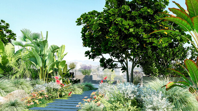 Luxury rooftop garden with tropical plants and stone pathway, 3d rendering
