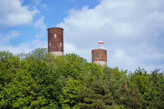 Historic Castle Towers with Polish Flag on a Green Forested Hill