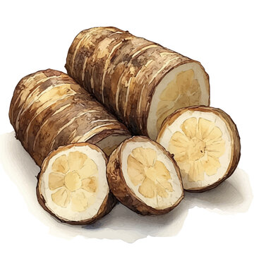 watercolor draw of Taro Root, isolated on a white background.