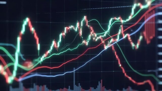 Stock market chart with glowing colorful lines in digital style on dark background, concept of finance and analytics