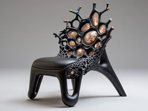 Black wood Brutalist chair with an octopus tentacle-inspired backrest, featuring intricate gold detailing on polymorphic rings Positioned against a light background - AI-Generated