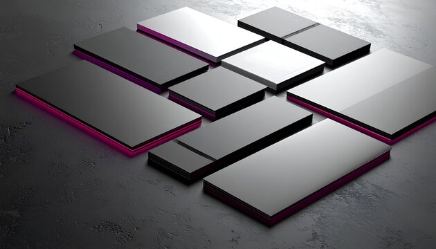 紫色のネオンが光るダークな弁当グリッドのモックアップ / Dark bento grid layout mockup with glowing purple neon edges (Generative AI)