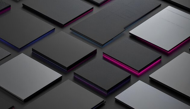 青と紫の光が縁取るダークな3D弁当グリッドのレイアウト / Dark 3D bento grid layout with blue and purple neon glowing edges (Generative AI)