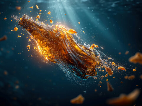 Underwater scene focusing on a shattered brown bottle, with scattered fragments and trails of bubbles, set in a deep blue environment Light rays filter from above, creating a warm, gol - AI-Generated