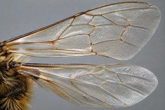 Macro closeup of honey bee wings showing detailed venation patterns