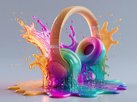 Vibrant digital artwork featuring two pairs of headphones, one traditional white earcups, black headband and the other colorful rainbow spectrum, floating in a sea of paint droplets - AI-Generated
