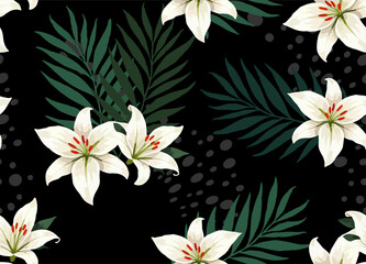 Obraz premium Seamless vector floral pattern. Drawing of white lily flowers and palm leaves on black background. Summer tropical design. Fashionable ornament for women clothing, fabric, textile, notepad, paper.
