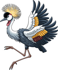 Fototapeta premium A vibrant crowned crane jumping and dancing with its colorful wings spread wide in a joyful display of wildlife conservation