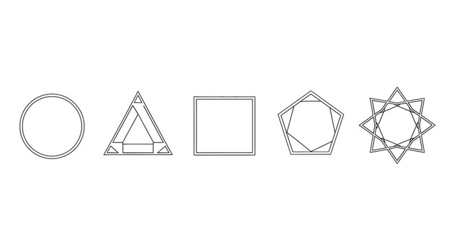 A minimalist collection of diverse geometric line art shapes, including fundamental polygons and intricate star patterns, representing mathematical and design concepts