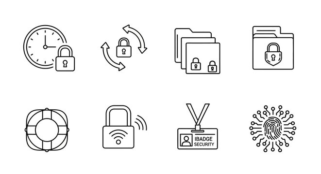 Collection of security and data protection icons including padlock, folders, and digital fingerprint for safeguarding information