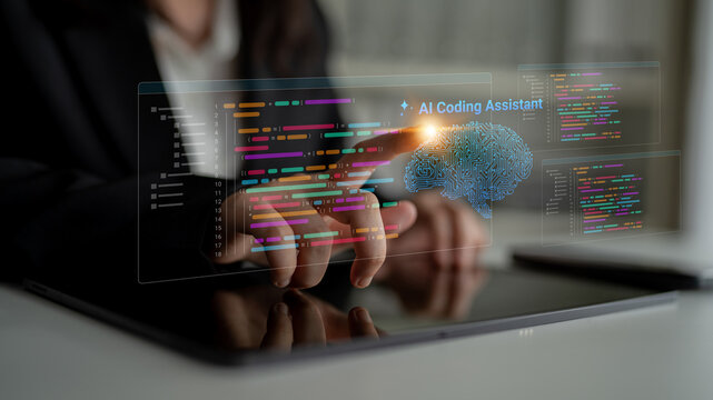 A business professional engages with a digital interface showcasing an AI coding assistant, emphasizing the synergy between technology and innovative solutions in programming. Cyphers