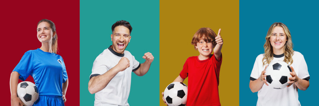 collection of soccer fans on celebrating, isolated on free colorful backgrounds