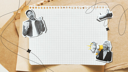 Fototapeta premium People are expressing excitement and presenting ideas in a collage format. The setting involves notes, sketches, and creative elements reflecting collaboration.