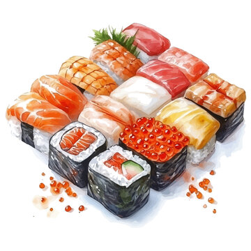 Sushi, whimsical watercolor vector illustration with vibrant highlights and delicate strokes, isolated on a white background.