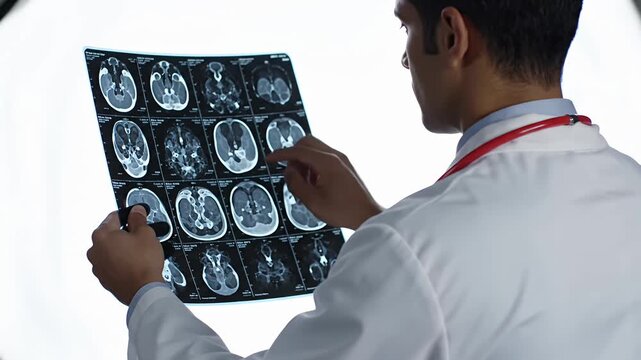 Medical professional examines brain scan focused diagnostic analysis