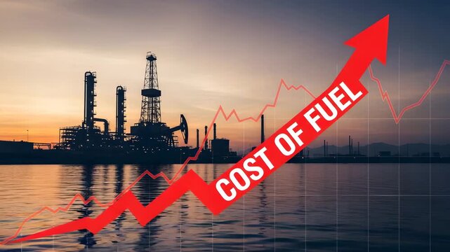 Rising fuel cost at refinery with a graph showing an upward trend, for the concept of energy economy crisis.