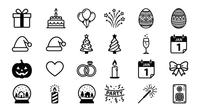 Black and white party icons set.