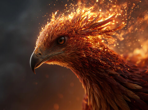 Detailed close-up of a transforming phoenix, burning embers to pure flame energy Contrasting dark background, intense orange and red glow, cinematic depth of field, ultra-detailed fant - AI-Generated