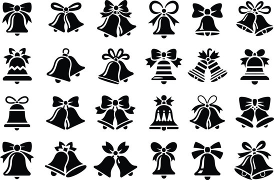 Christmas bells with ribbon bows vector icon set. holiday jingle bells in cartoon style
