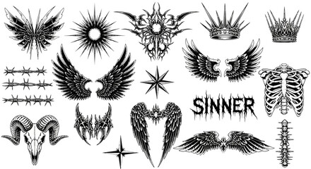 Cyberpunk Y2K tattoo flash set, gothic chrome wings and tribal ornaments, dark aesthetic streetwear vector elements, sinner text and skull graphics © Mecklenburglaan