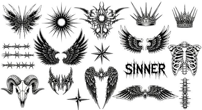 Cyberpunk Y2K tattoo flash set, gothic chrome wings and tribal ornaments, dark aesthetic streetwear vector elements, sinner text and skull graphics