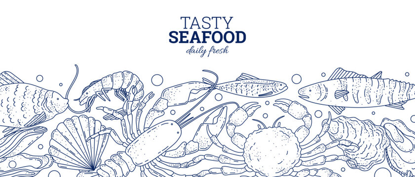Seafood banner. Horizontal border. Fish, shrimp, scallops, squid, mussel, oyster, crayfish, crab, sardine, seashell. Sea creatures. Fresh and tasty ocean meal. Underwater world. Vector illustration.
