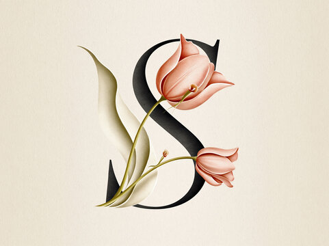 Large capital letter S in calligraphy style, pink tulip, minimal composition, clean background, soft lighting, stylized graphic design with floral arrangement and text elements - AI-Generated