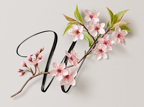 Black cursive W letter with a slight gradient, featuring cherry blossom branches and pink flowers in minimalist color palette - AI-Generated