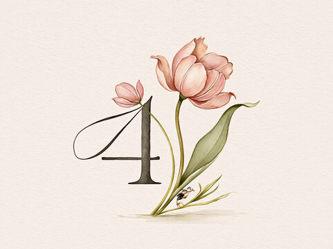 Image of calligraphy number 4 in English, with a small pink tulip and a blue bird, all rendered in soft textures Rose dominates, bloomed with golden heart Clean background in light - AI-Generated