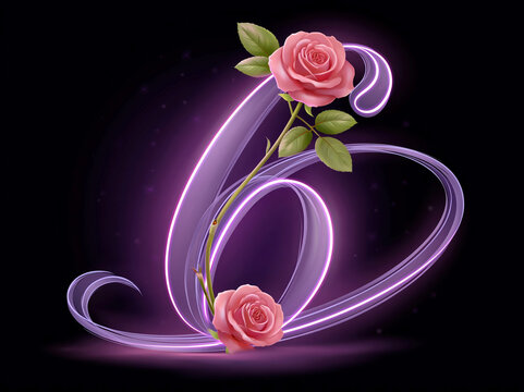 Purple neon calligraphy number 6 with rose decorations and blue vine, against a dark backdrop - AI-Generated