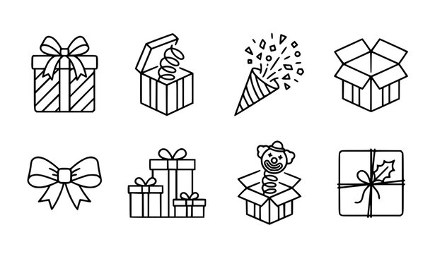 Black and white gift box line art vector set with prank boxes and holiday present icons