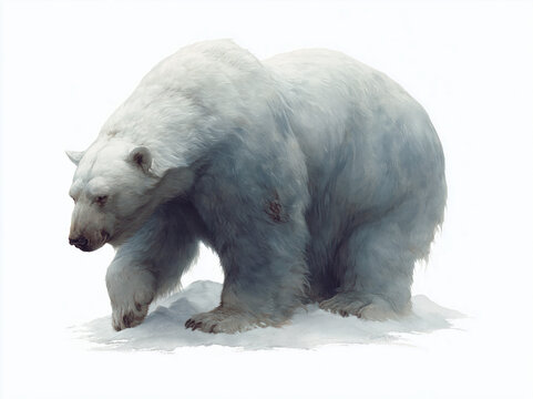 Large polar bear on icy surface, extended front right paw, white and gray fur possibly wet or glistening, soft shadows, neutral background, detailed rendering, subtle reflections, rea - AI-Generated