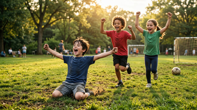 Excited children celebrating a soccer victory in the park. Young boy sliding on grass with arms raised after winning a match. Active childhood and youth sports concept