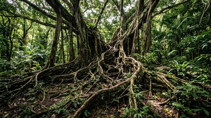 Fototapeta premium Magnificent ancient tree with a vast, intricate network of sprawling roots dominating the humid floor of a dense tropical rainforest, showcasing nature's powerful and untamed beauty
