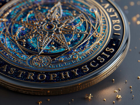 A detailed, elevated view of a new or well-preserved coin showcasing an astrophysicist badge design in scientific cosmic style The coin is set against a backdrop of scattered gold glit - AI-Generated