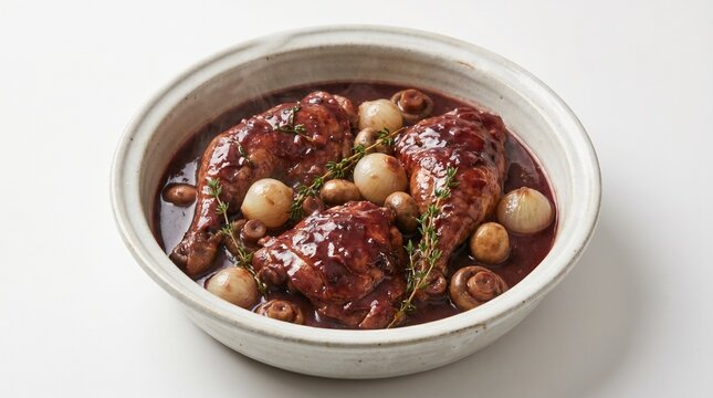 Classic French coq au vin on white background