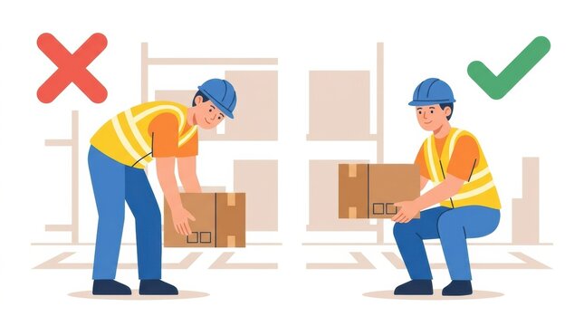 Illustration shows a worker lifting a box with incorrect posture and another worker using proper lifting technique in a warehouse setting.