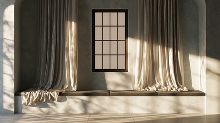 Fototapeta premium Symmetric front perspective of a simple window scene where muted curtains project delicate geometric shadows on a textured wall with an empty bench framed by elegant neutral tones