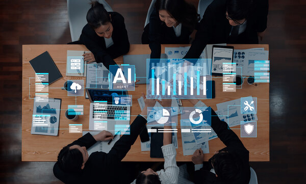 A dynamic business meeting scene featuring professionals discussing data insights and analytics with a digital interface highlighting charts and statistics in an innovative office environment. Cyphers