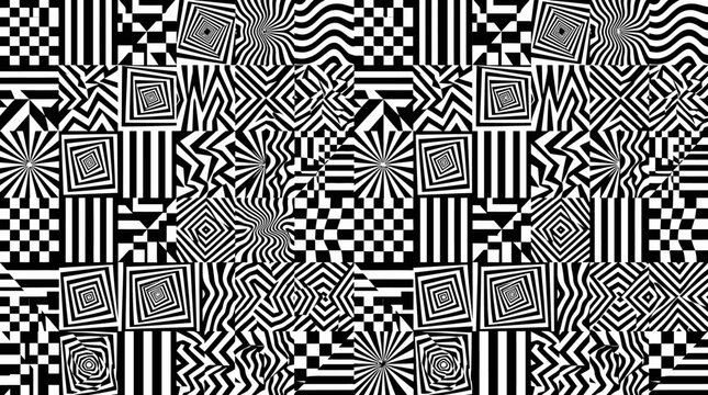 Black and white optical illusion patterns.